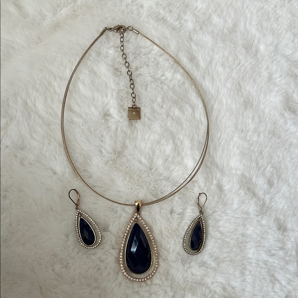 Anne Klein Gold Necklace with Blue Teardrop Pendants
